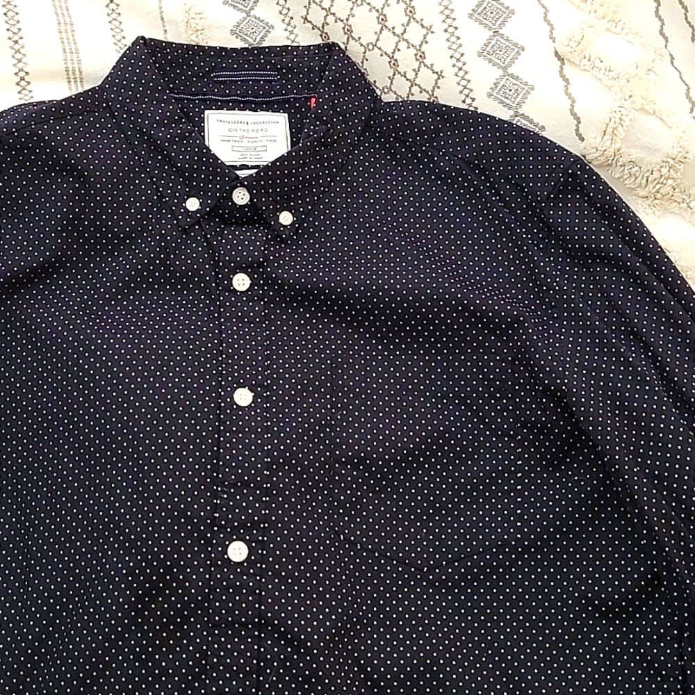 On the road micro dot L/S dress shirt, size L, dark navy